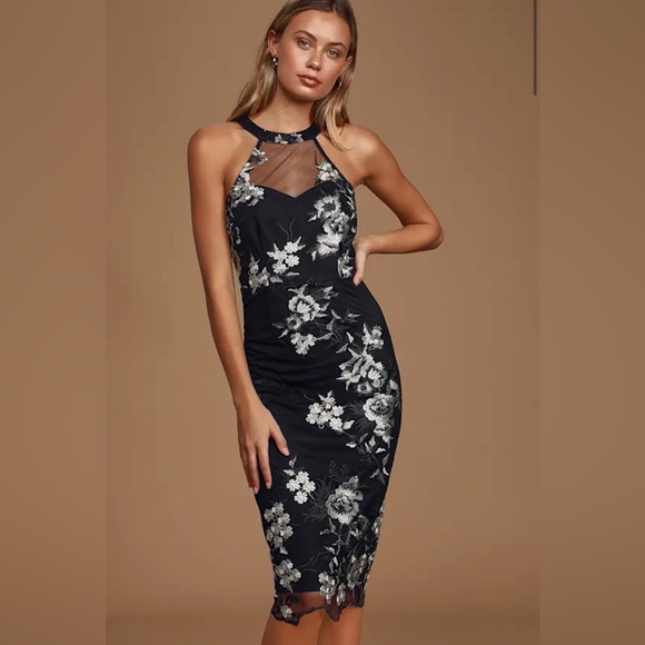 Lulus Black Floral Sheath Dress with Mesh Neckline - Picture 2 of 3